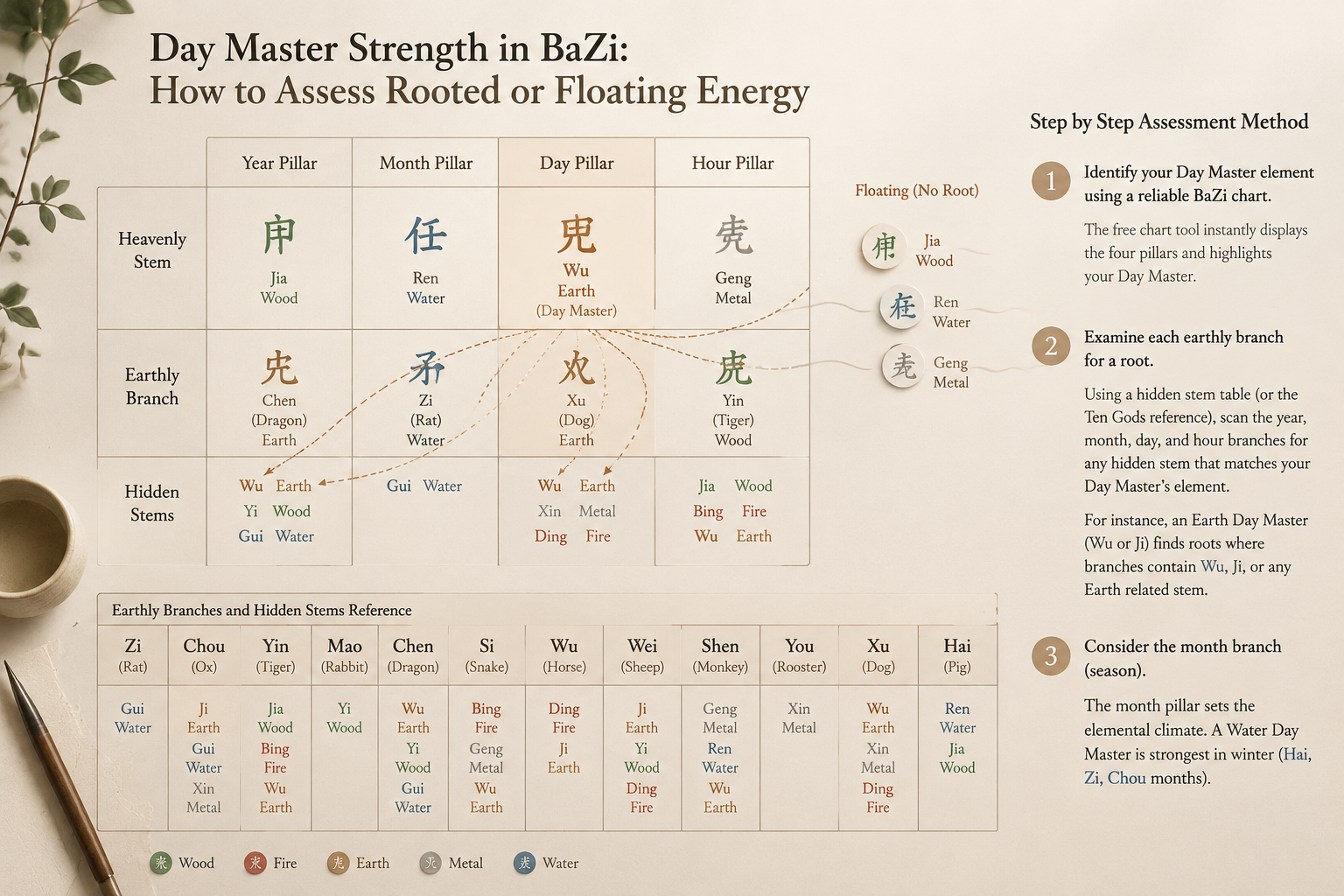A quiet editorial diagram of a BaZi chart with the Day Master stem highlighted in a warm neutral tone, its connecting lines searching for hidden root stems in the earthly branches, while floating stems drift gently to the right.