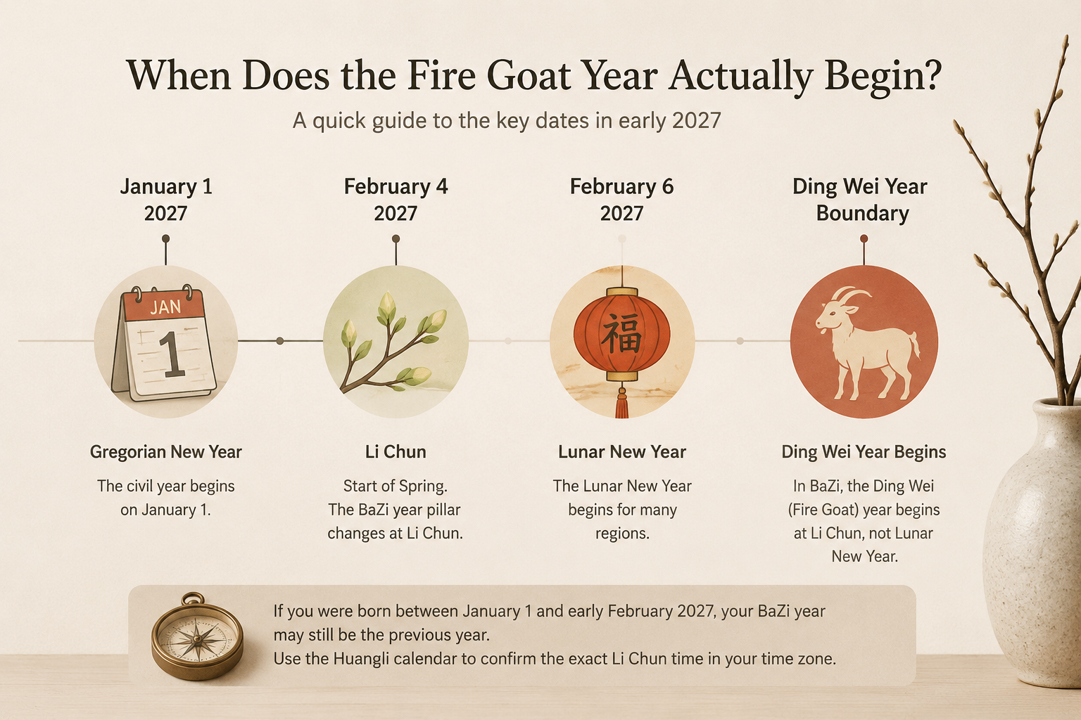 Simple timeline showing January 1, Li Chun on February 4, Lunar New Year on February 6, and the Ding Wei year boundary.