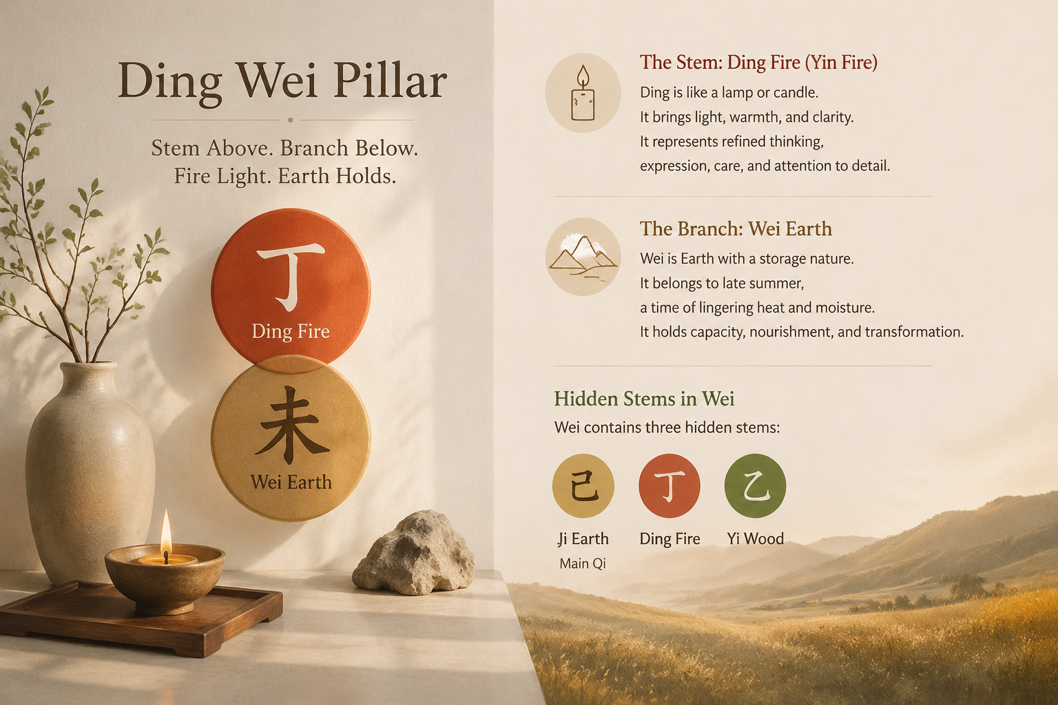Quiet diagram of the Ding Wei pillar, with Ding Fire stem above Wei Earth branch and hidden stems Ji, Ding, and Yi.