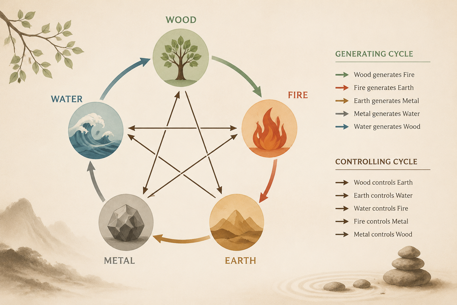 A radial diagram of five elements wood fire earth metal water with generating and controlling cycle arrows, muted warm earth tones, minimalist graphic style