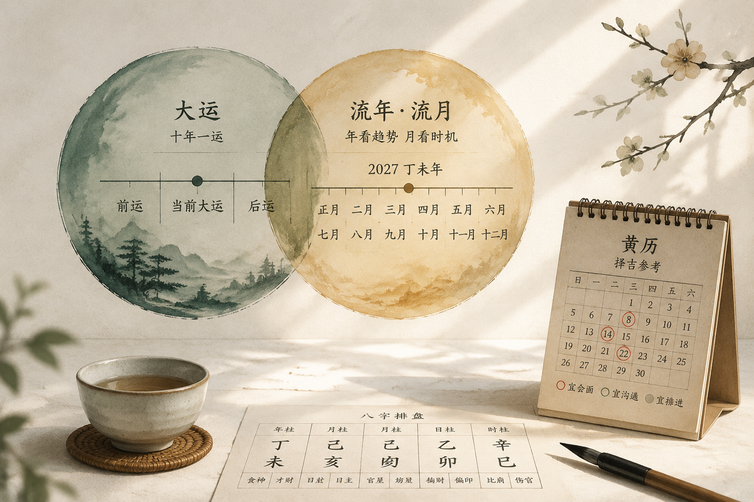 Ink-wash style illustration of two overlapping circles representing annual pillar and natal chart, warm light, no mystical glow