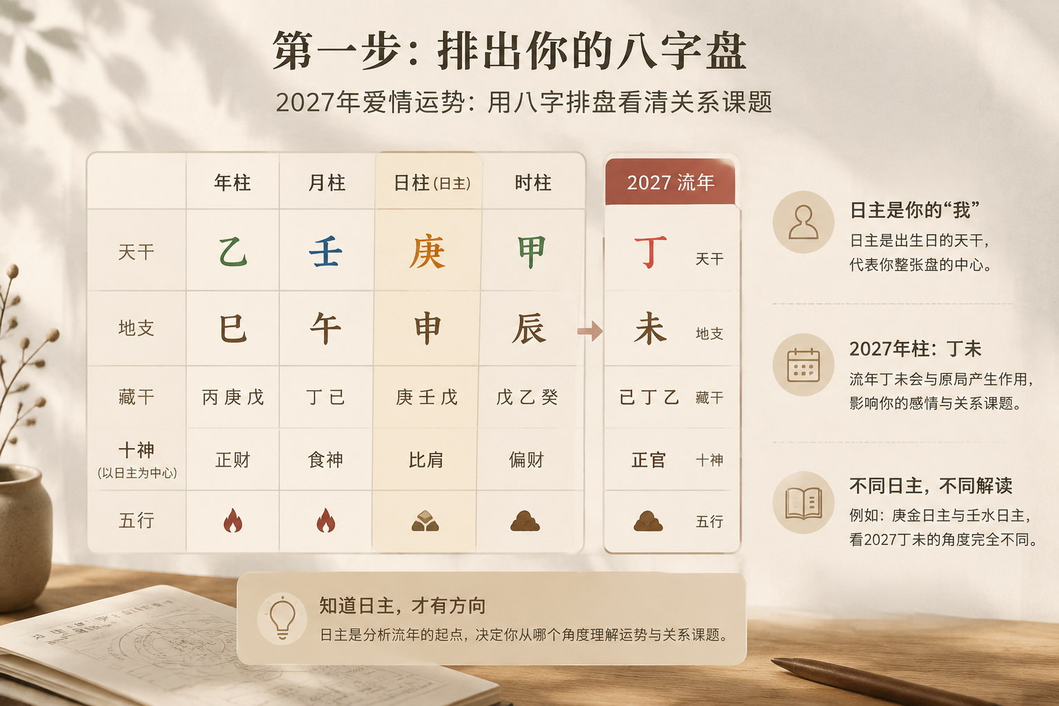 Editorial diagram of a BaZi chart with the 2027 year pillar Ding Wei highlighted, soft neutral palette, clear labels