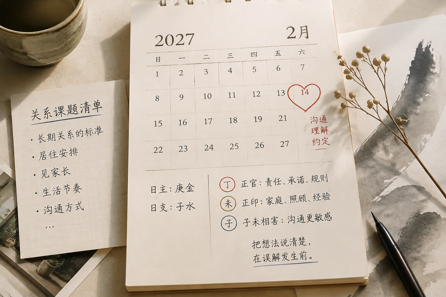 Calm editorial illustration of a lunar calendar page with a heart-shaped annotation and soft ink brush strokes, no watermarks