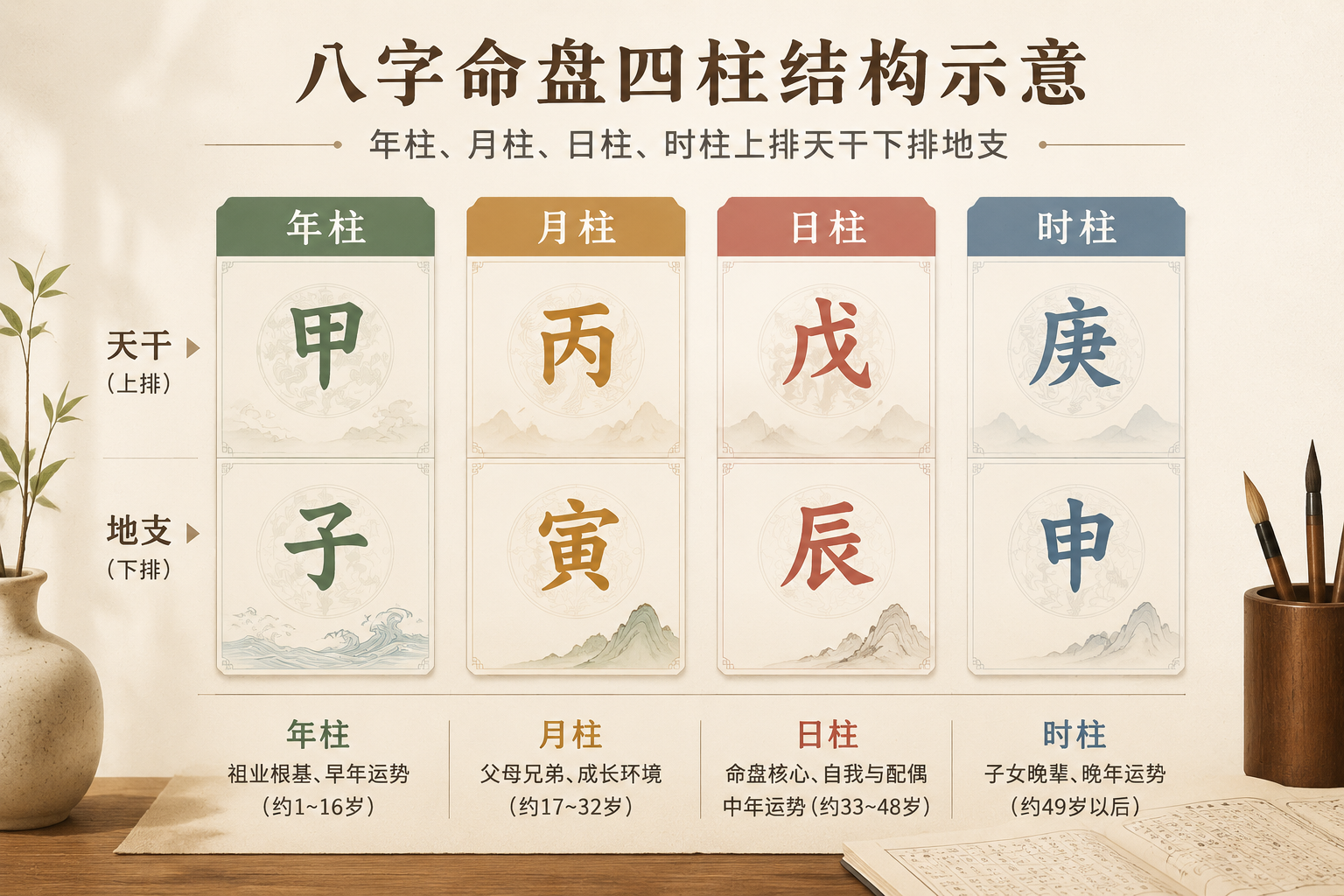 八字命盘四柱结构示意,年柱、月柱、日柱、时柱上排天干下排地支,整体呈竖向四列