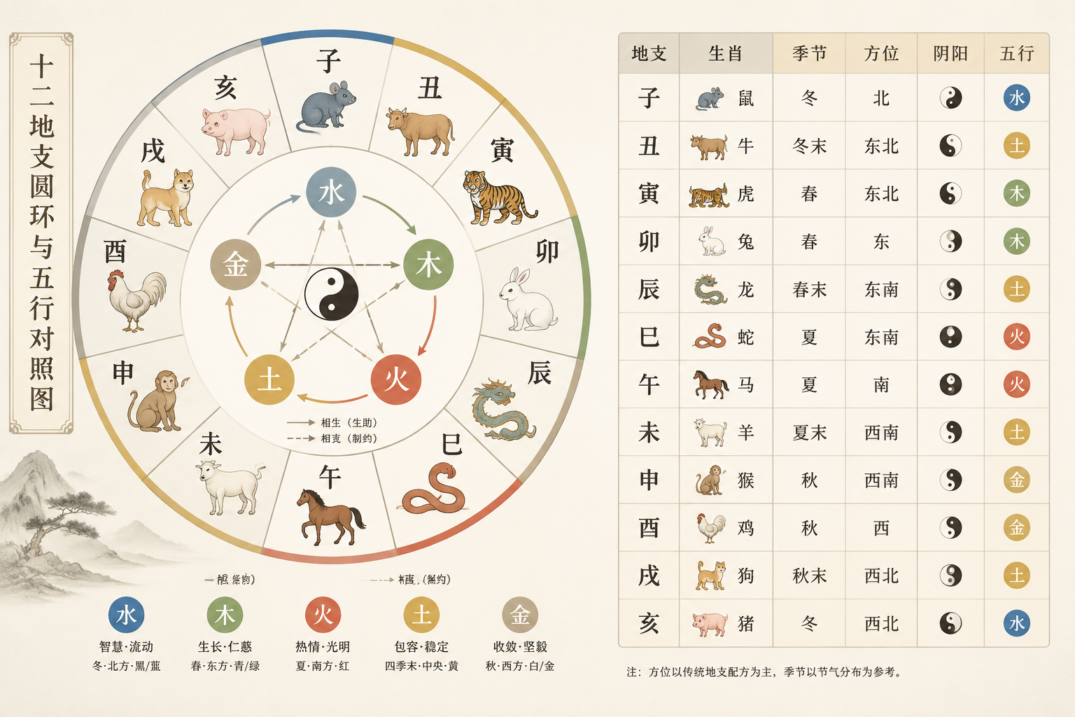 十二地支圆环与五行对照图，浅色背景，动物符号与元素色彩排列清晰