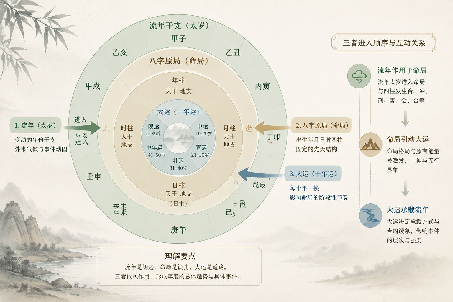 淡雅水墨风格，圆环分三层，外层标注流年干支，中层为八字原局，内层为大运，用柔和色块与箭头示意三者进入顺序，无人物