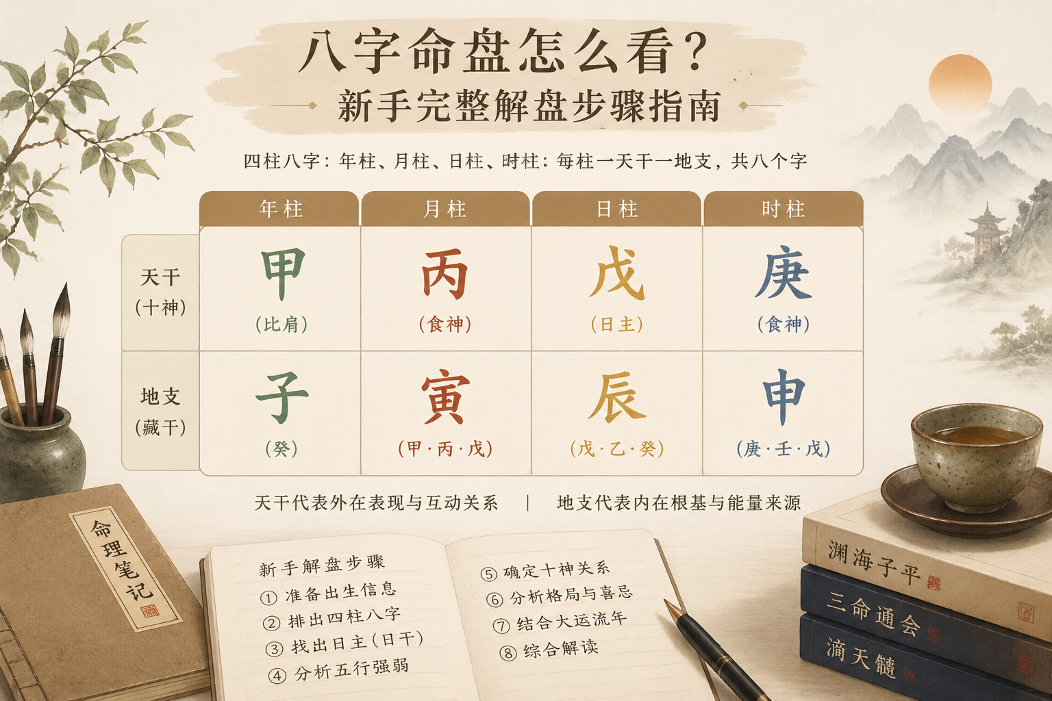 A clean editorial illustration of a BaZi chart with four pillars, each showing Heavenly Stem and Earthly Branch, soft ink-wash style, neutral warm tones, and minimal layout.
