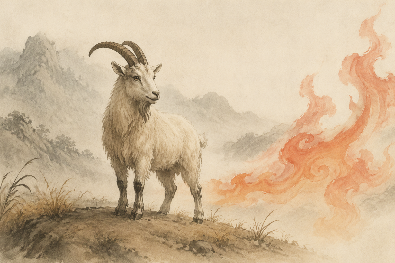 soft ink‑wash illustration of a mountain goat standing on earth, with subtle fire motifs in the background, no mysticism