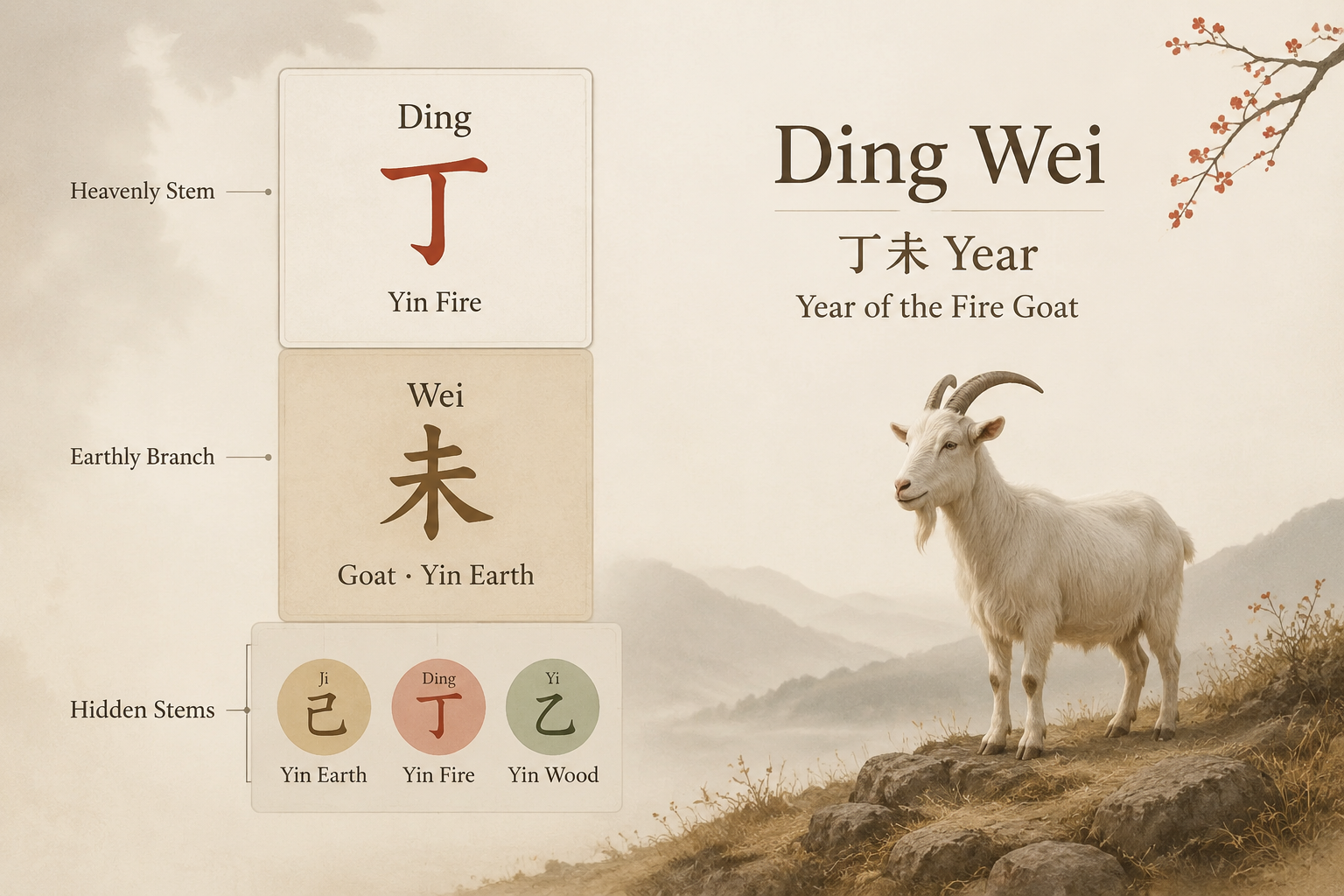 Ding Wei pillar diagram showing Heavenly Stem Ding Fire above Earthly Branch Wei with three hidden stems Ji, Ding, Yi