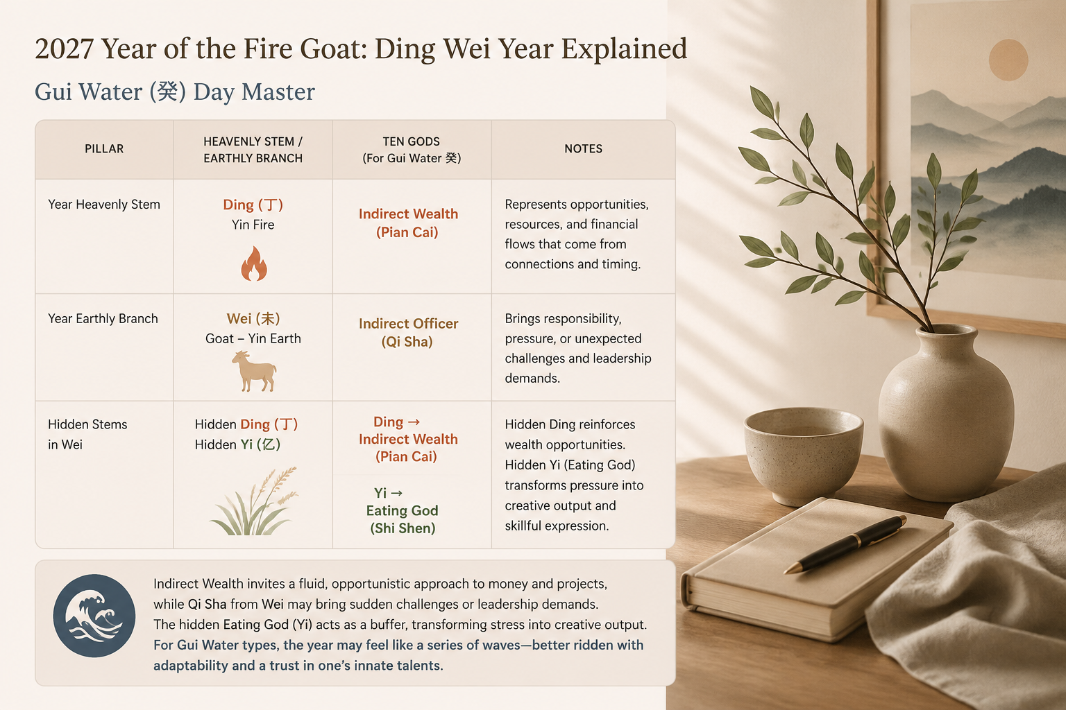 quiet editorial table summarizing Day Master and corresponding Ten Gods for the Ding Wei year, warm neutral palette