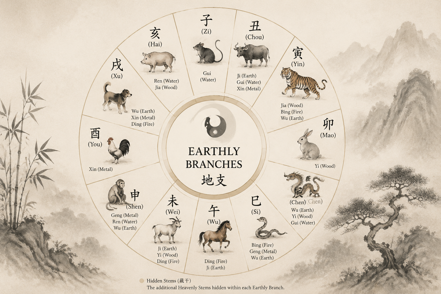 A circular diagram of the twelve Earthly Branches arranged around the Chinese zodiac, each branch labeled with its animal sign and hidden stems, in a restrained ink-wash style on a warm neutral background.