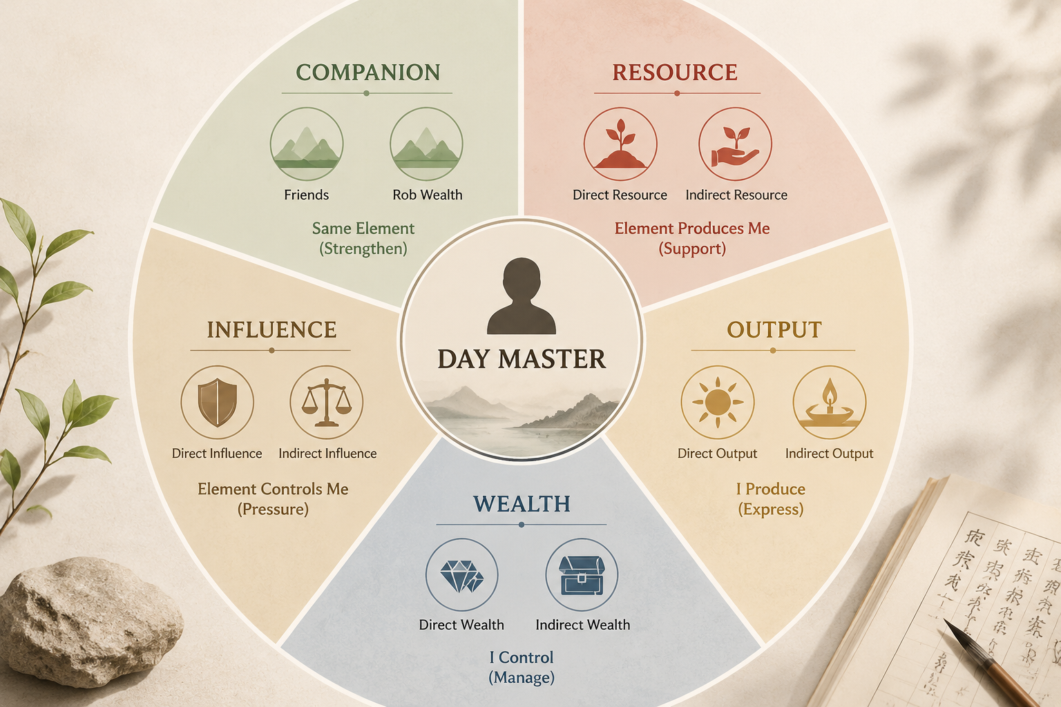 Diagram showing the Day Master element at the center with five radiating sections labeled Companion, Resource, Output, Wealth, and Influence, each containing two Ten God names