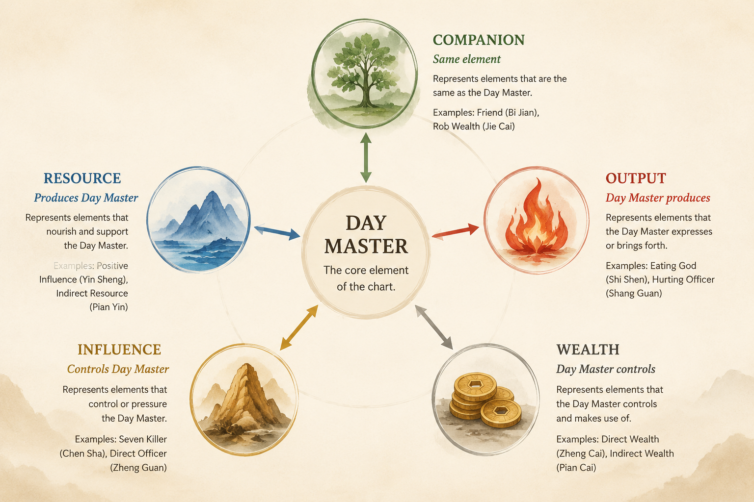 Flowchart showing the Day Master arrow connections: same element (Companion), element that produces Day Master (Resource), element Day Master produces (Output), element Day Master controls (Wealth), element that controls Day Master (Influence)
