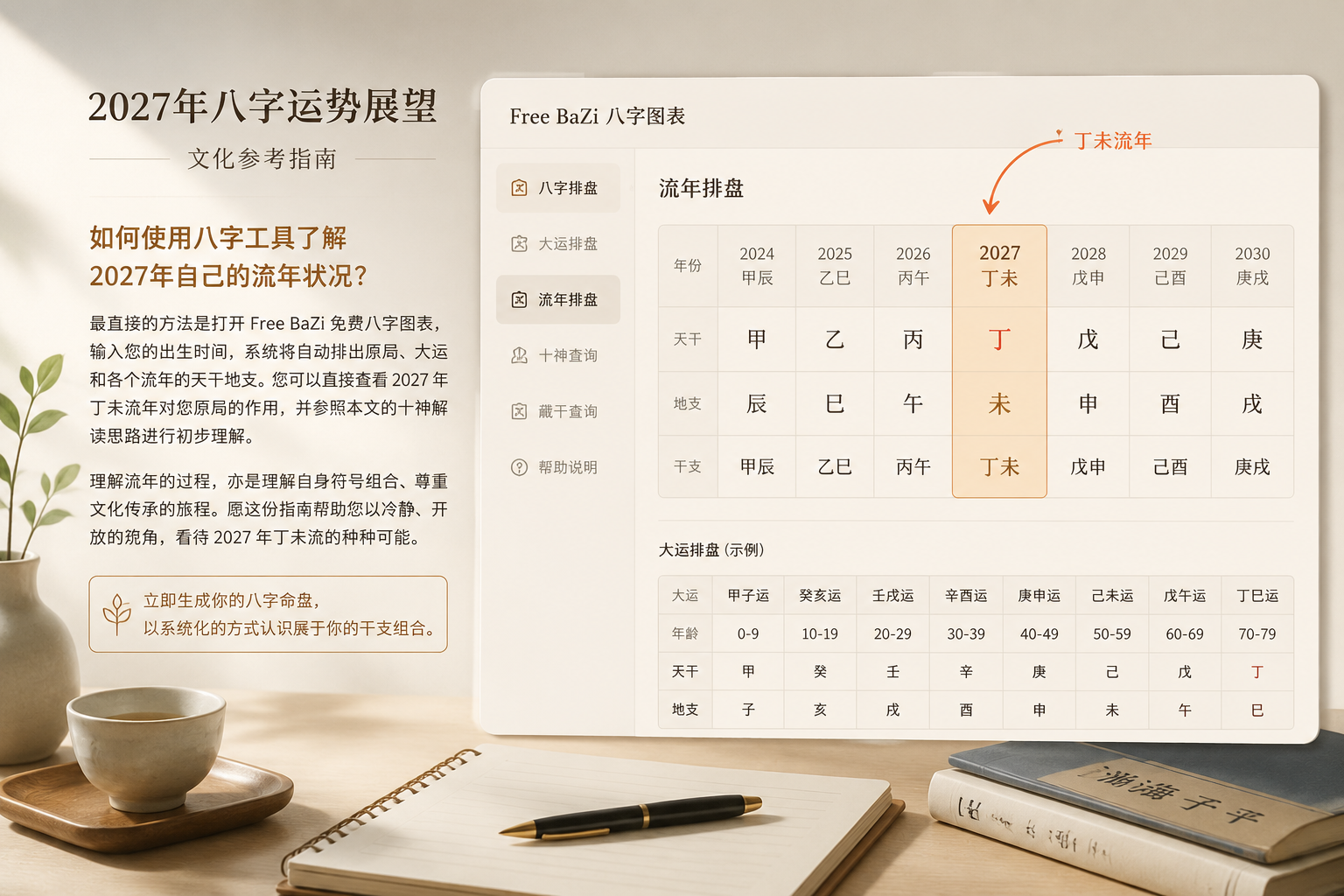 Free BaZi工具界面局部截图，展示流年对应位置，用柔和箭头标注丁未流年栏位