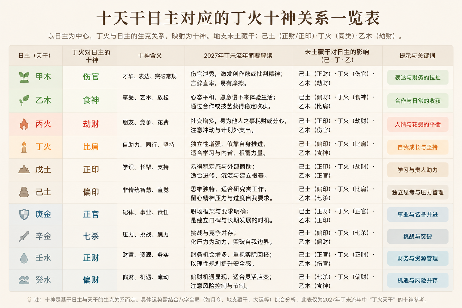 一张简洁的表格，展示十天干日主对应的丁火十神关系，并用柔和色块区分类别