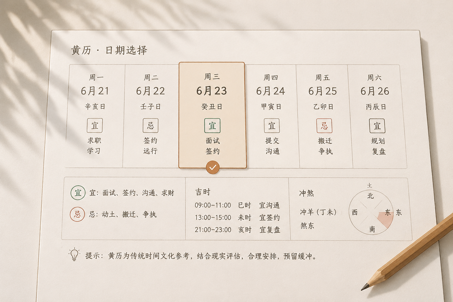 An interface sketch of a Huangli date panel with one date highlighted and simple yi and ji labels.