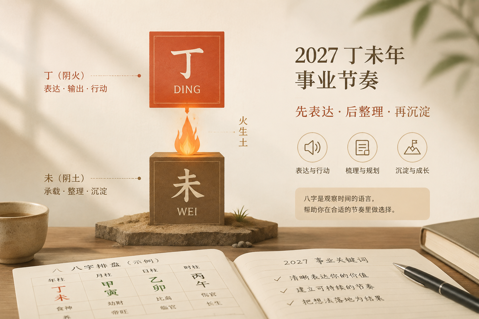 A restrained editorial diagram showing the character Ding above Wei, a small flame over a square of earth, warm neutral palette.