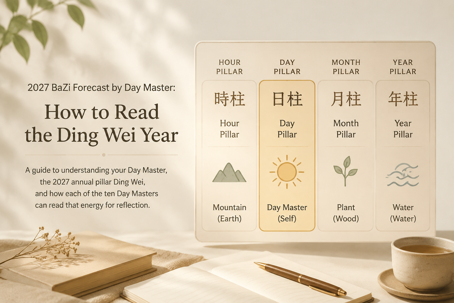 Four-pillar BaZi diagram with the Day Master highlighted in warm neutral colors, clean editorial layout, soft natural light