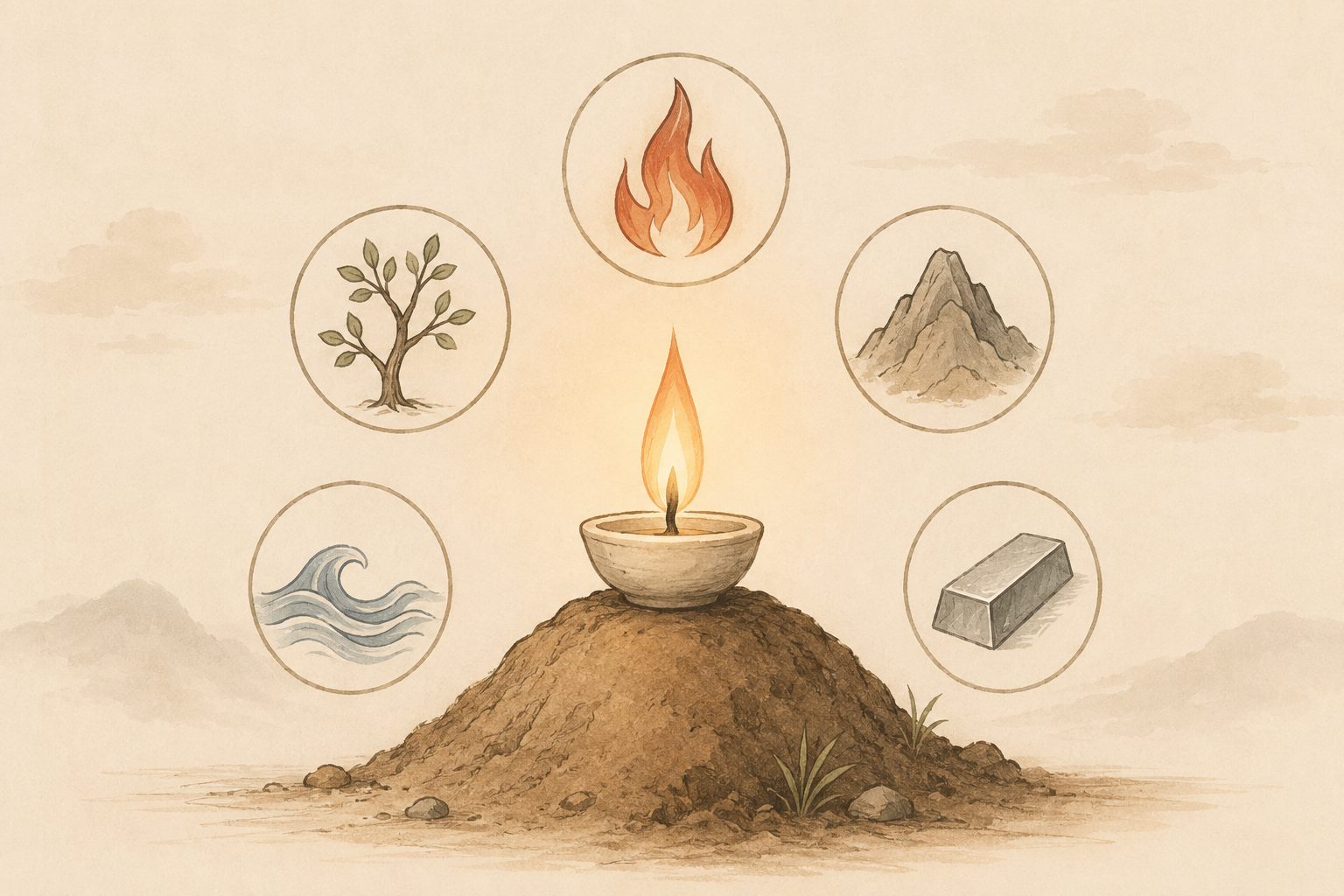 Quiet editorial line drawing of a candle flame above a small earthen mound, surrounded by five element symbols, warm neutral palette