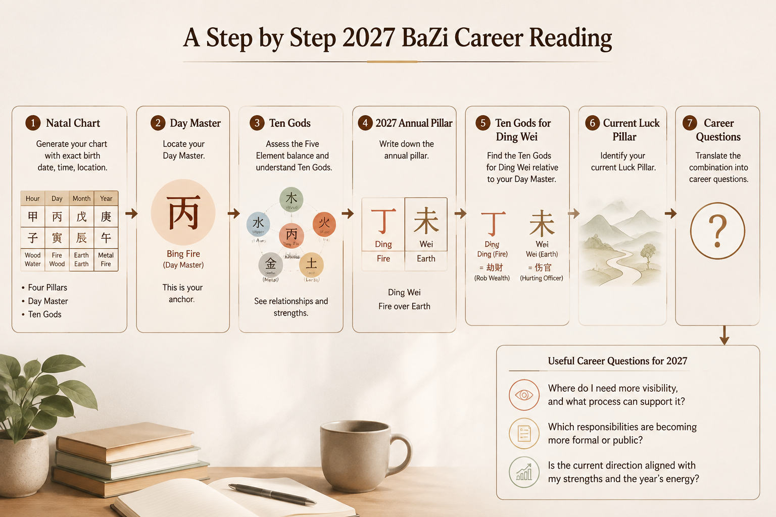 A reading flow diagram with arrows from natal chart to Day Master to Ten Gods to annual pillar to career questions, clean line style, warm neutral palette.