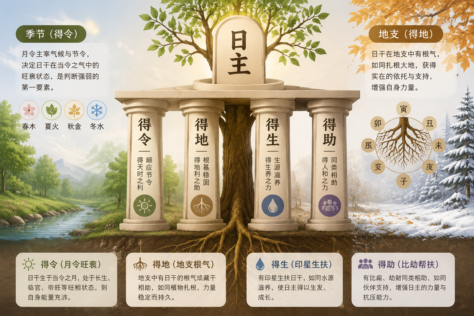 Illustration of four pillars supporting the Day Master character, with seasonal and earthly branches for strength evaluation