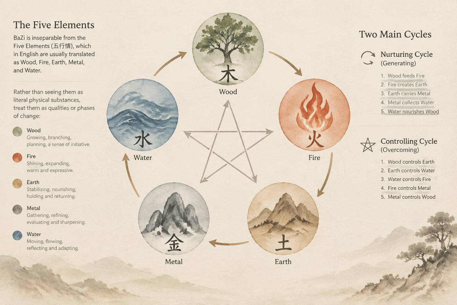Quiet ink-and-wash styled diagram