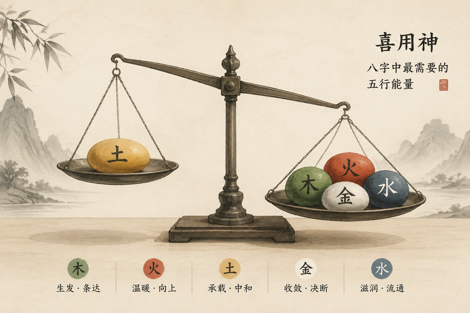 A subtle ink-wash diagram showing a balance scale with five colored stones representing the five elements, one side gently tipping toward the favorable element, no mystical glow, soft neutral tones.