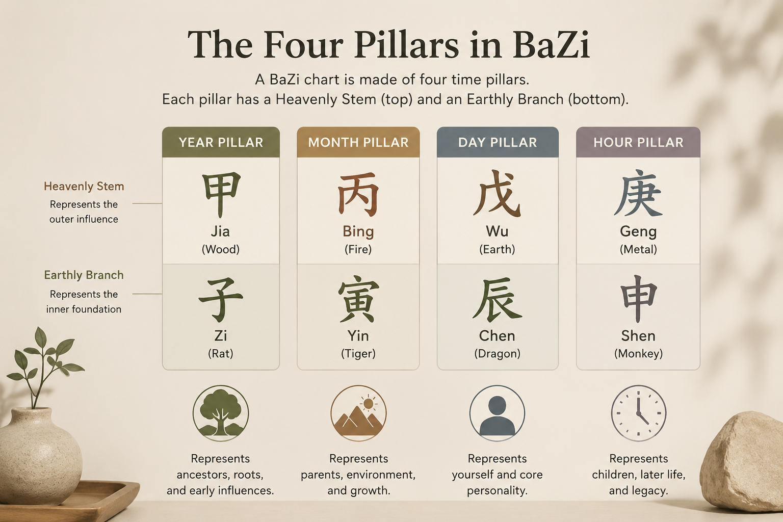 A clean editorial diagram of the Four Pillars chart structure with Year, Month, Day, and Hour pillars showing Heavenly Stems and Earthly Branches, set against a soft neutral background.