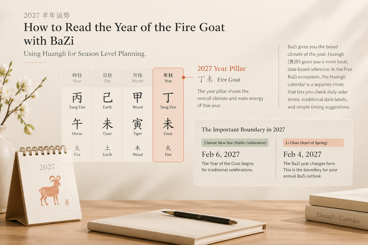 Comparison layout of a four-pillar BaZi chart with the 2027 year pillar highlighted, annotated in a restrained editorial style.