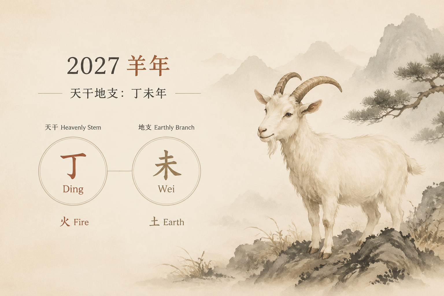 Minimal diagram showing the 2027 year pillar Ding Wei, with Heavenly Stem Ding and Earthly Branch Wei labeled Chinese and English, low-contrast ink wash.
