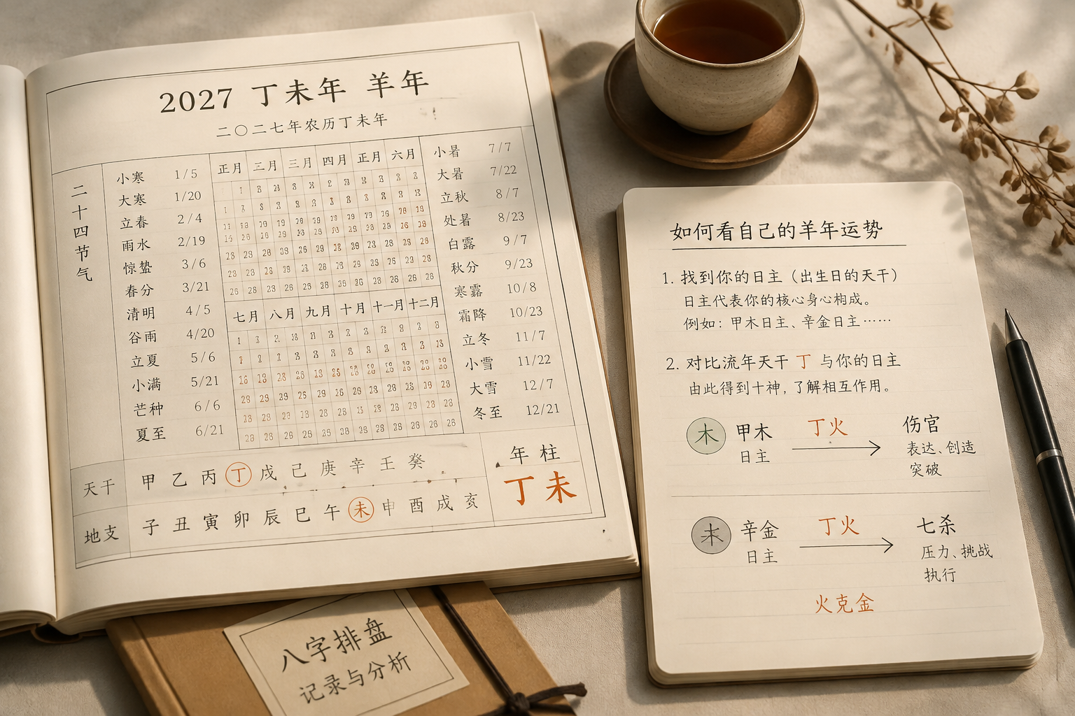 Editorial illustration of a traditional Chinese almanac page in soft neutral tones, showing a date grid and solar terms, without mystical symbols.
