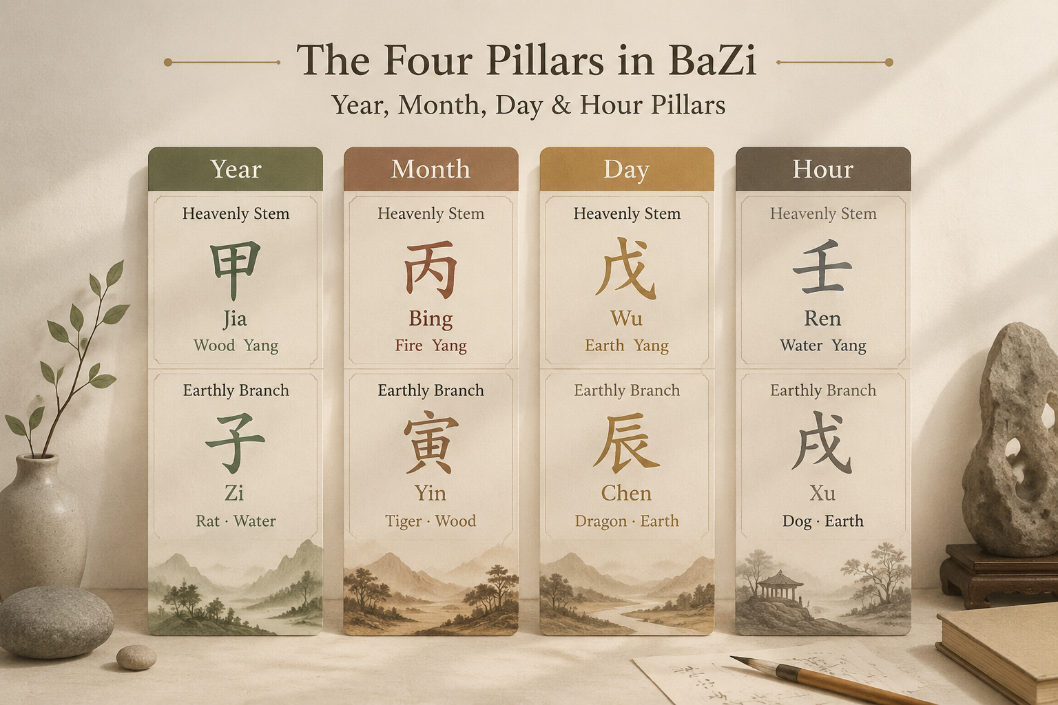 A quiet editorial diagram showing four columns representing the Year, Month, Day, and Hour pillars, each with a Heavenly Stem above an Earthly Branch, in muted earth tones