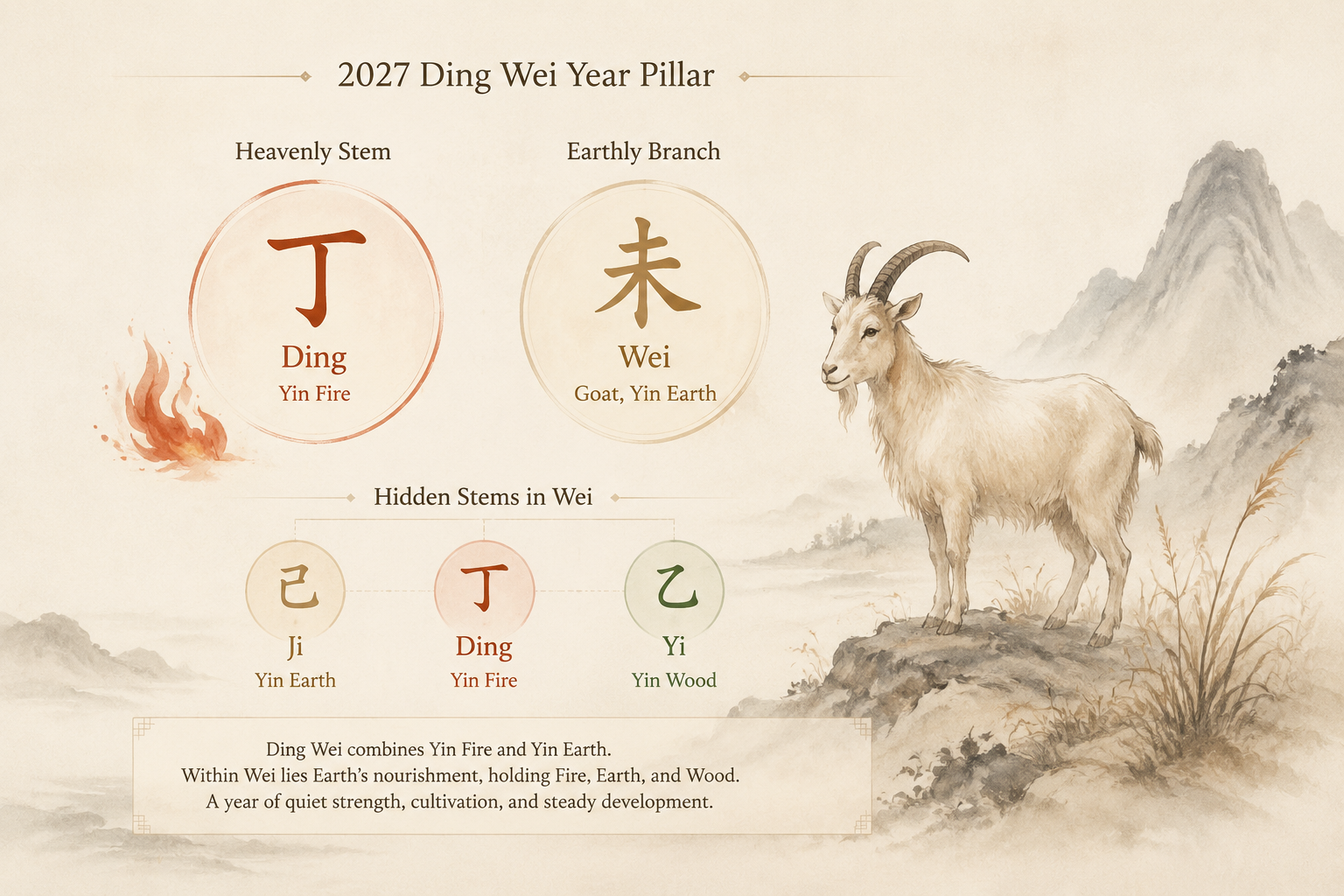 A quiet editorial diagram showing the 2027 Ding Wei pillar with Heavenly Stem Ding (Yin Fire) and Earthly Branch Wei (Goat), including hidden stems Ji, Ding, and Yi. Soft ink-wash style, neutral warm palette.
