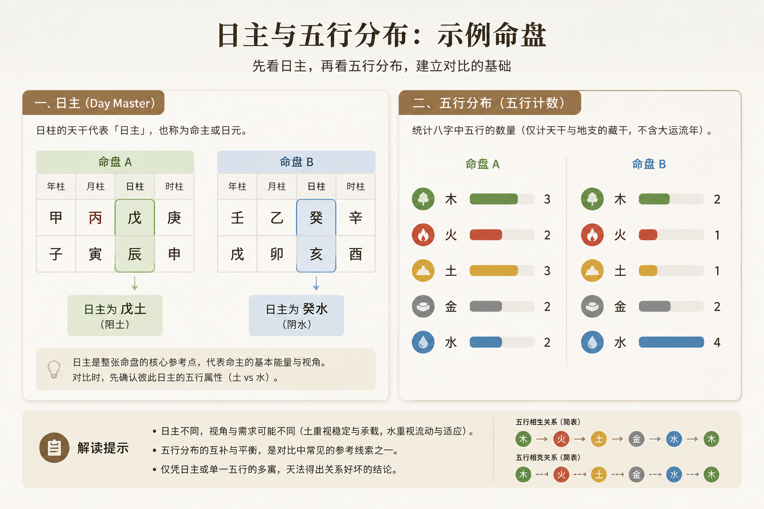 clean diagram showing Day Master position and five element tally for a sample chart
