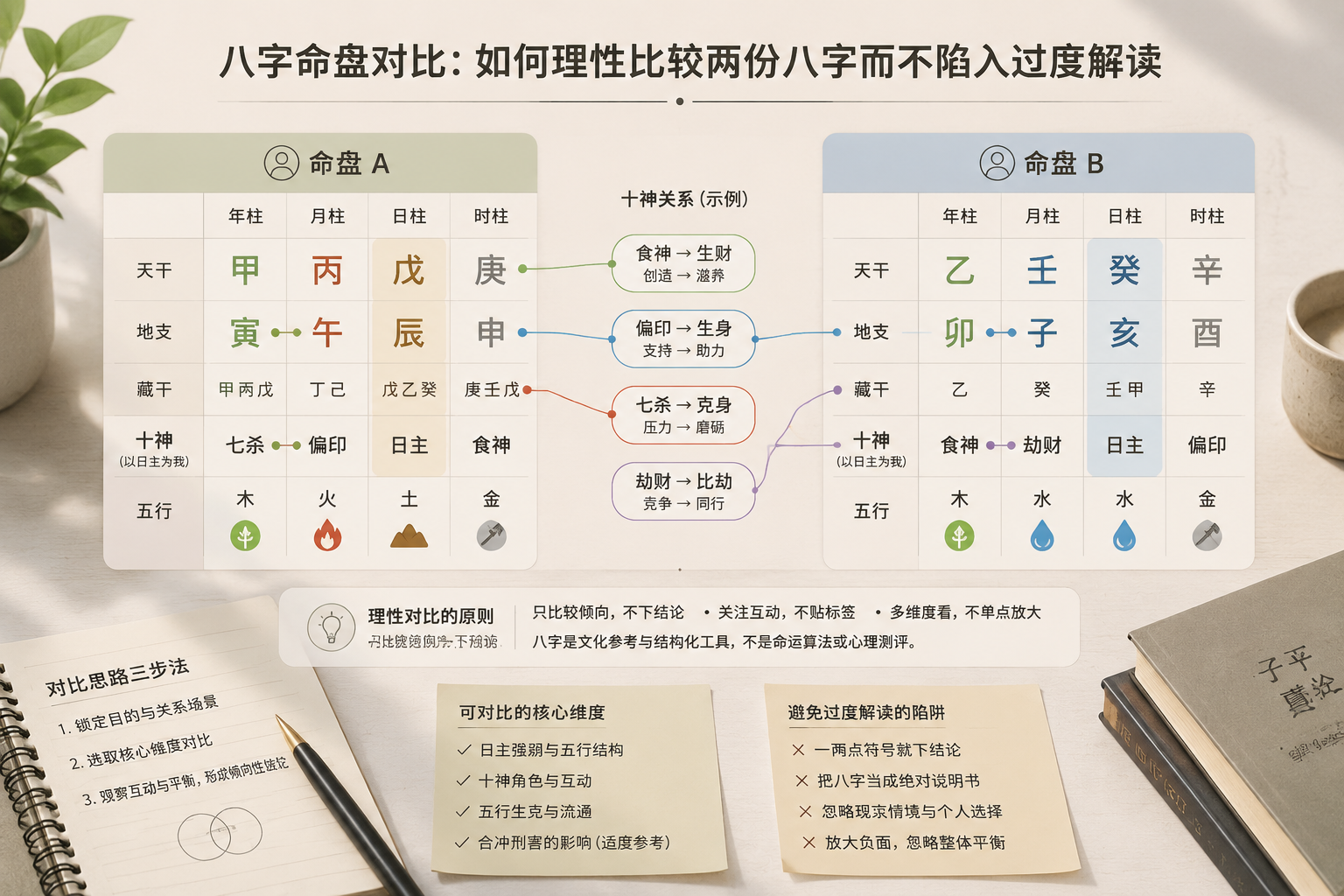 two simplified Bazi charts side by side with select Ten God relations highlighted by muted lines