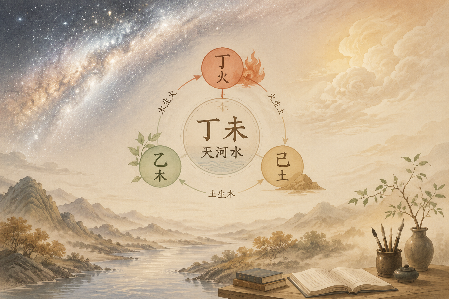 丁未年纳音天河水意象,以柔和的银河或云雾烘托火土相生的温和底色