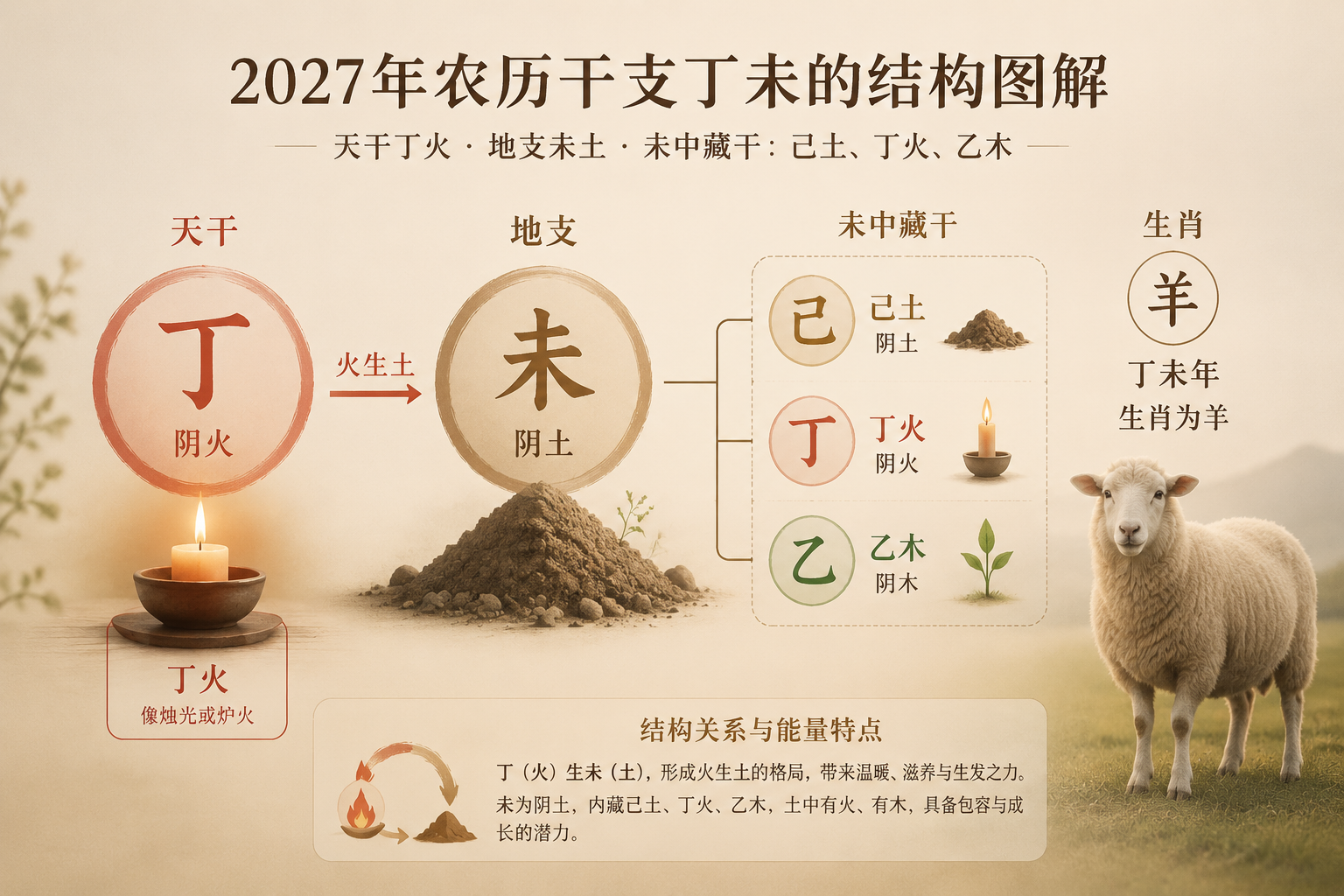 2027年农历干支丁未的结构图解,显示天干丁火、地支未土以及未中藏干己土、丁火、乙木的关系