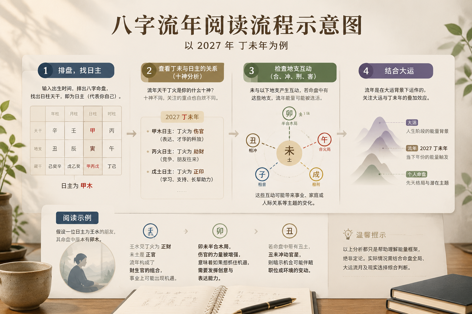 八字流年阅读流程示意图,从排盘、找日主,到十神分析和地支互动检查