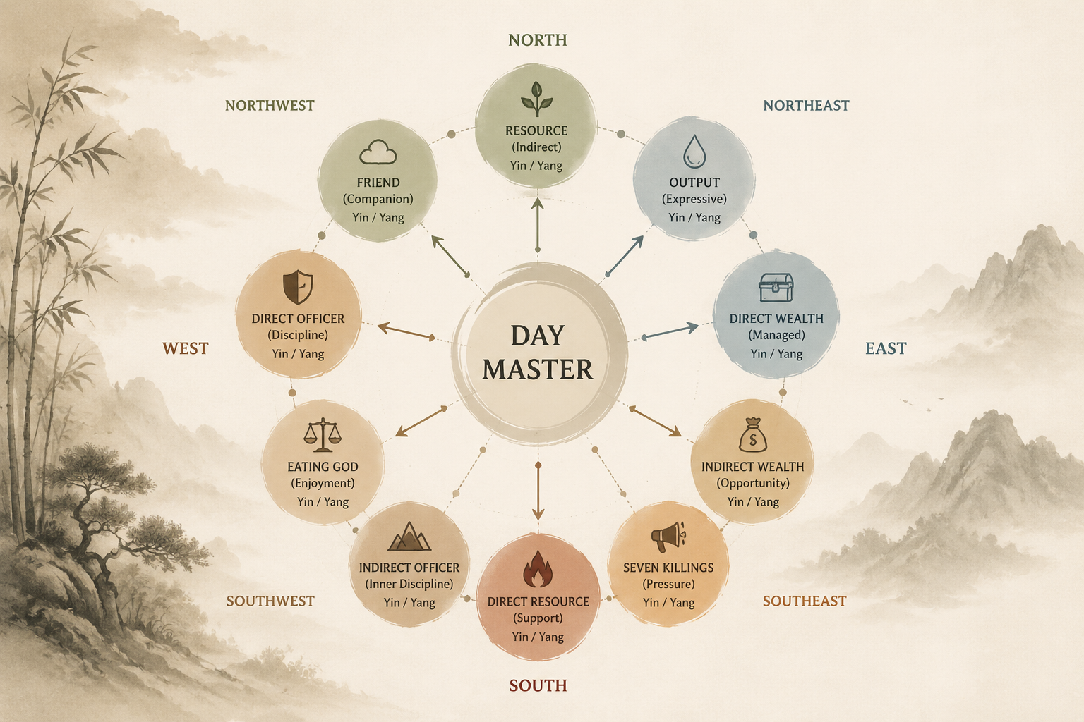 A calm diagram showing the Day Master at the centre, surrounded by the Ten Gods with directional labels in muted earth tones and soft ink-wash style.