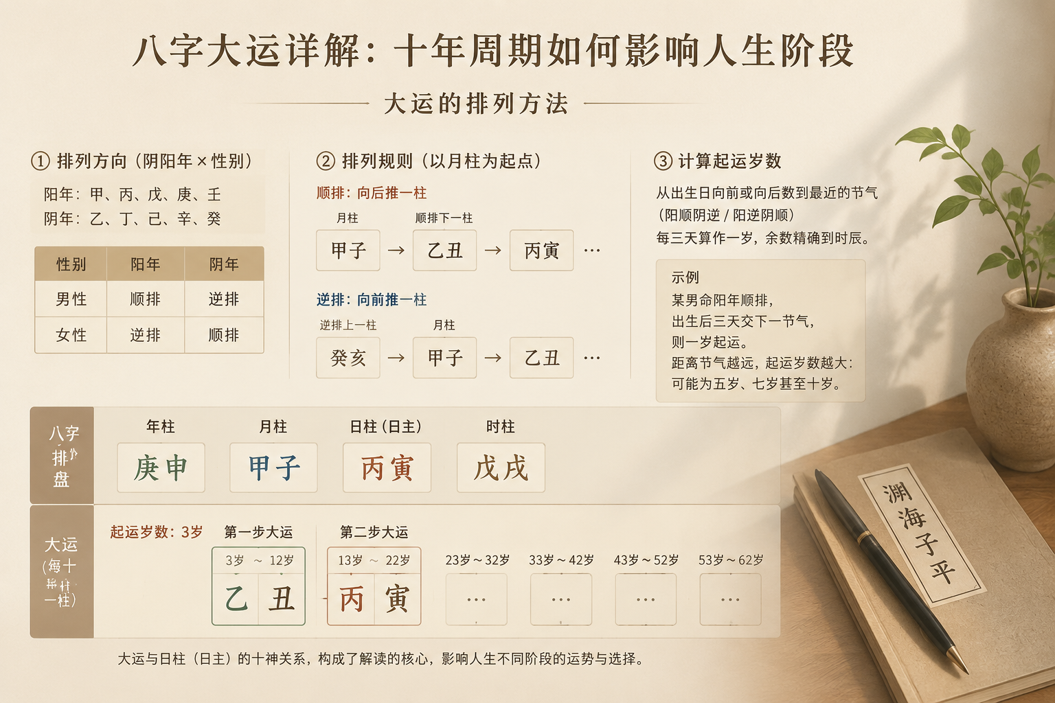 一个安静的八字排盘示意图,标注年柱、月柱、起运岁数和前两柱大运的天干地支,采用低饱和暖色,无炫光或神秘符号。