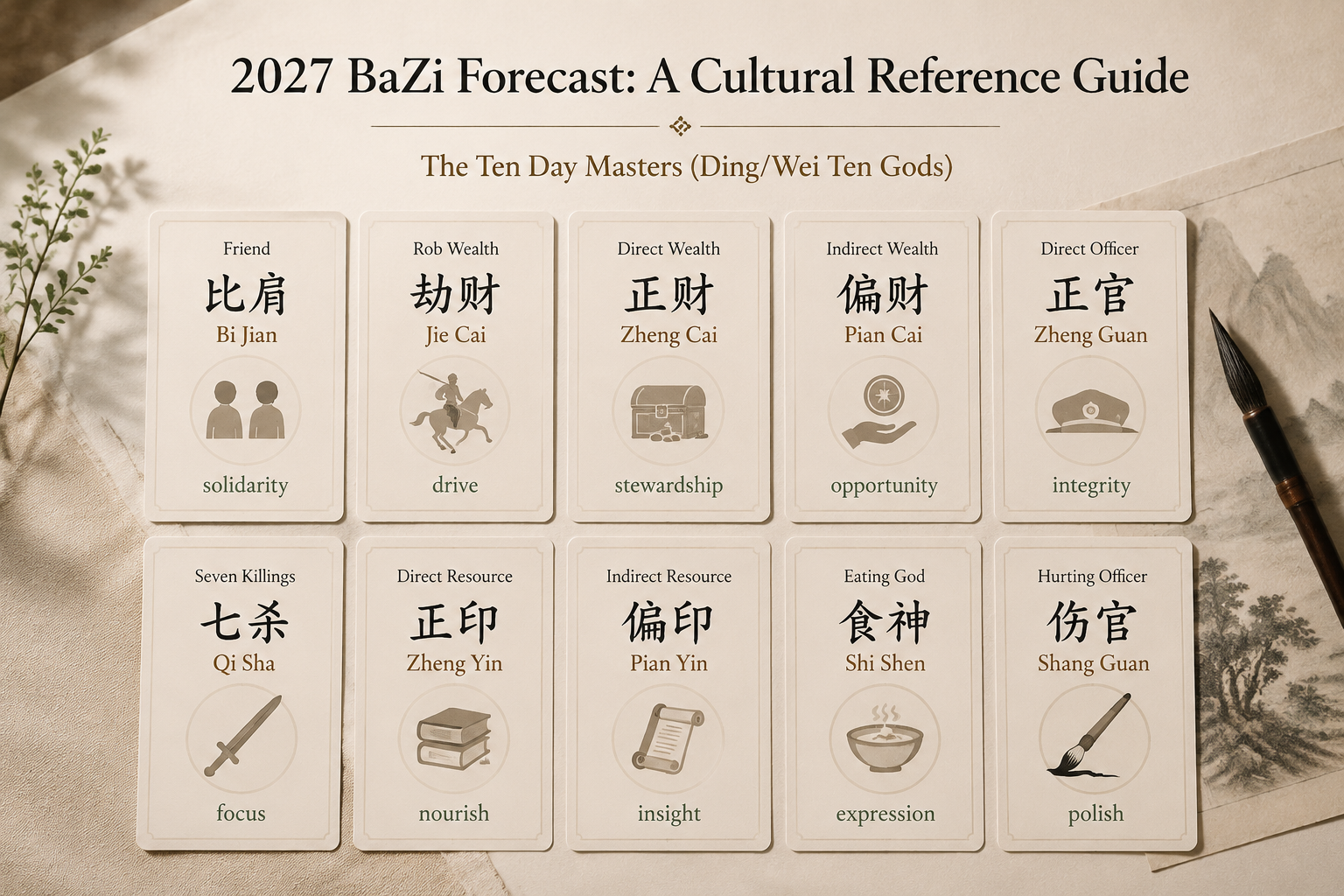 a visual card deck layout showing ten Day Master tiles, each with a small Ding/Wei Ten God label and a single‑word mood indicator like “expression”, “nourish”, “polish”