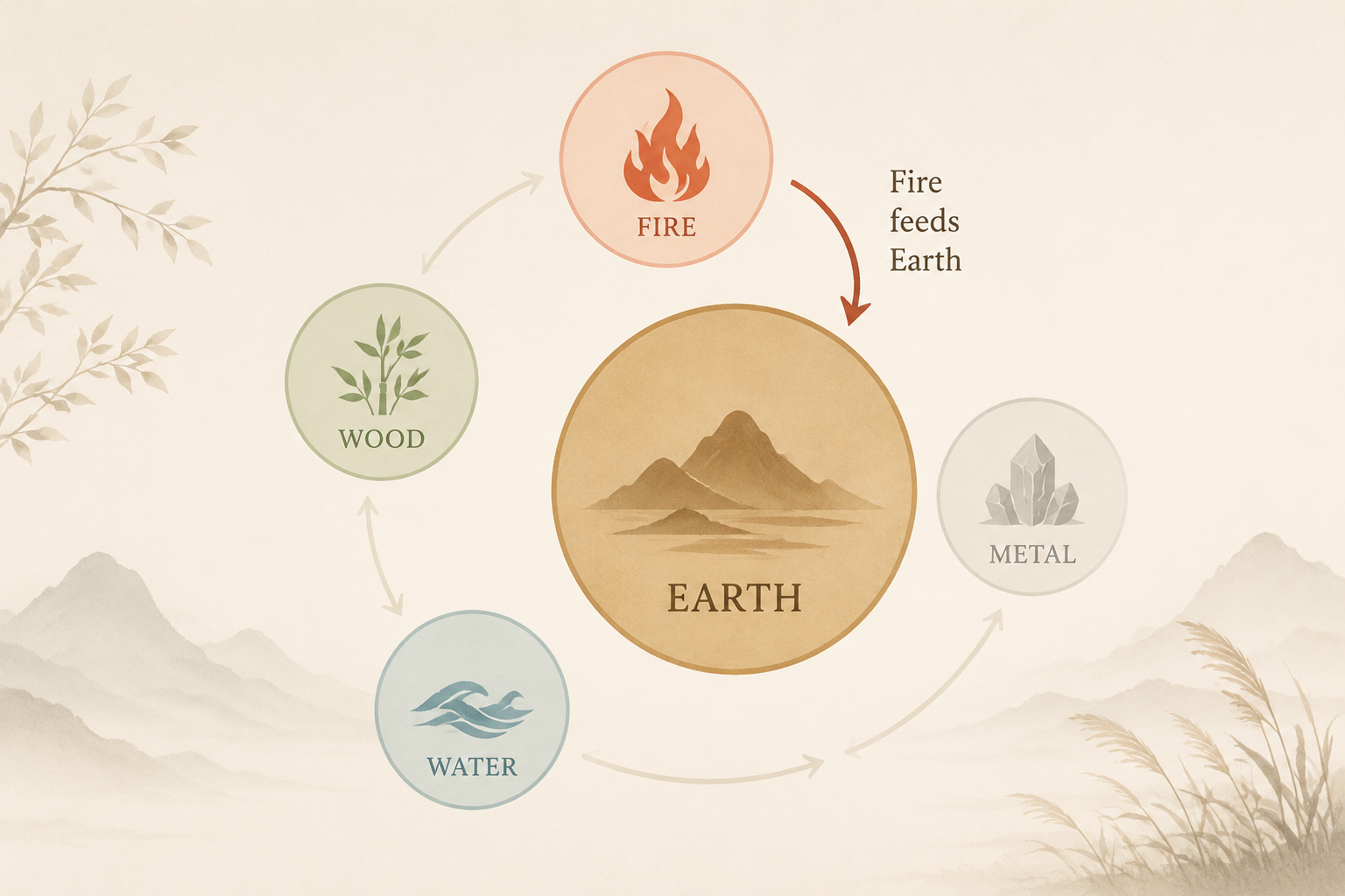 a clean, low‑contrast editorial graphic showing the Five Elements with Fire feeding Earth, emphasizing Earth’s larger circle