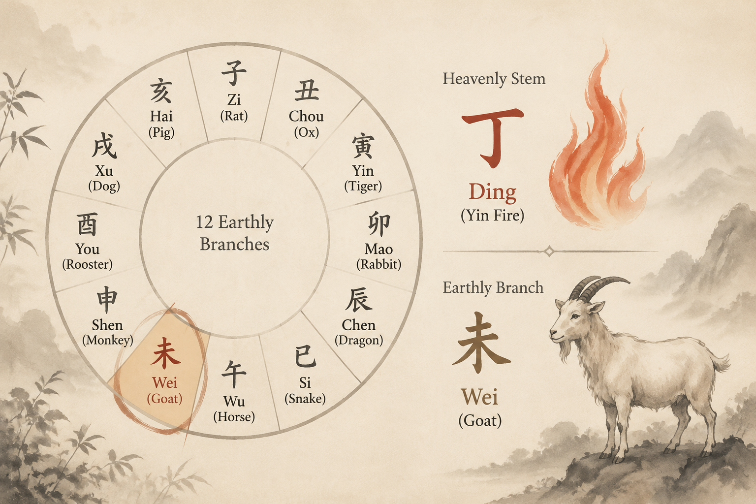 a restrained ink‑wash diagram showing a circle divided into twelve Earthly Branches with Wei (Goat) highlighted, beside a small flame icon for the Heavenly Stem Ding