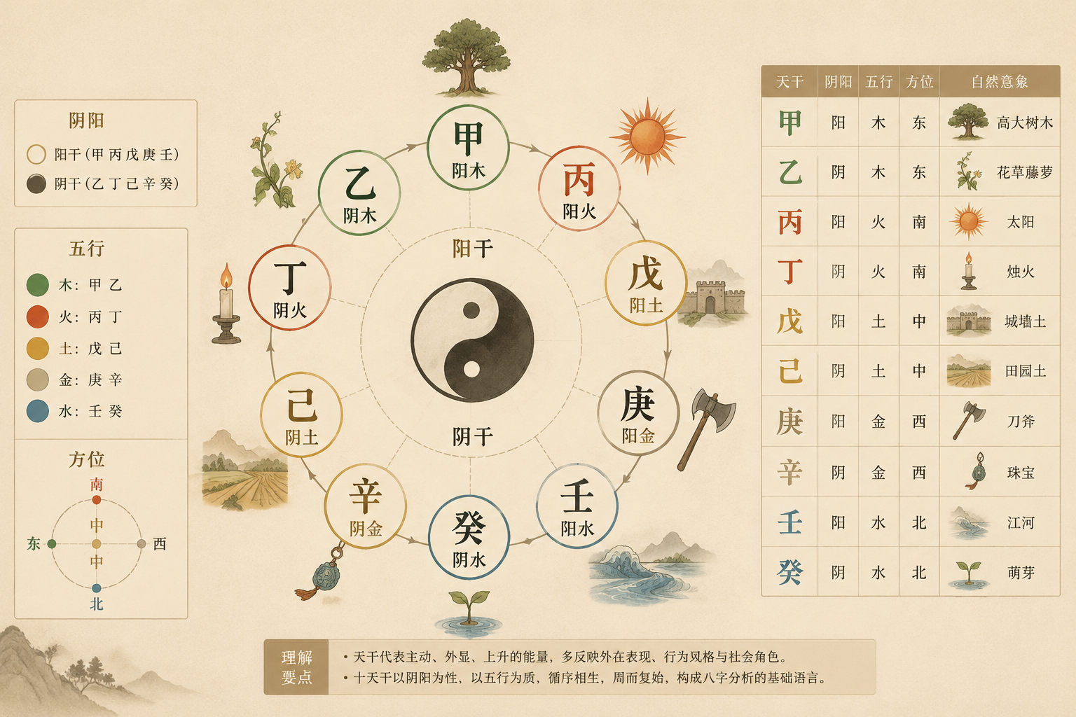 A clean editorial diagram of the ten Heavenly Stems in a circular arrangement, showing yin-yang polarity and five-element associations, in muted earth tones