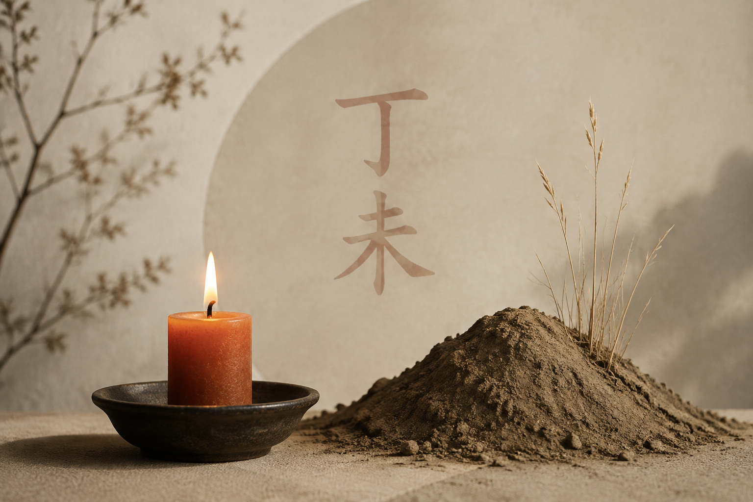 A restrained editorial illustration of a candle flame beside an earthen mound, with faint 丁未 characters, symbolizing the 2027 Ding Wei year pillar.