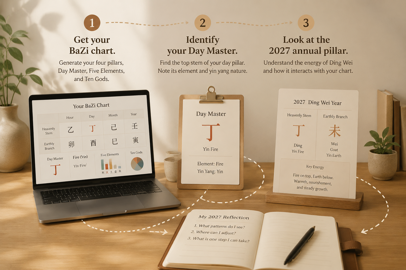 A quiet step-by-step reading flow showing a birth chart, the Ding Wei pillar, and a dashed path to a journal, with warm neutral colors.