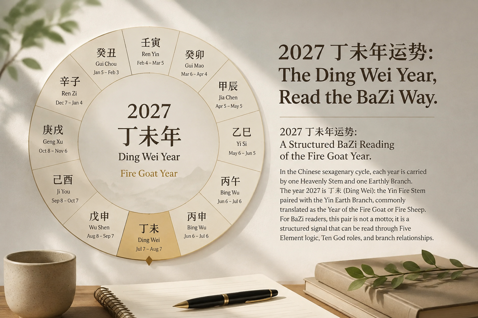 Calendar wheel of the 2027 solar months from Ren Yin to Gui Chou with the Ding Wei month highlighted