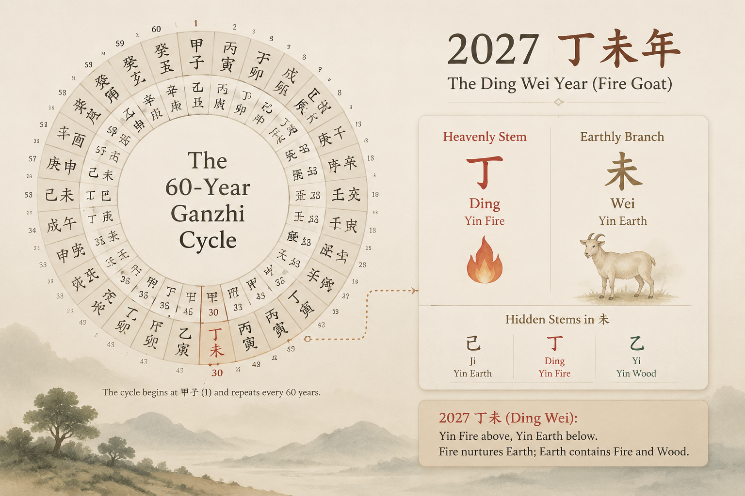 Editorial diagram of the sixty-year Ganzhi cycle with the 2027 Ding Wei pair highlighted; Ding labeled Yin Fire, Wei labeled Yin Earth with hidden stems Ji, Ding, Yi