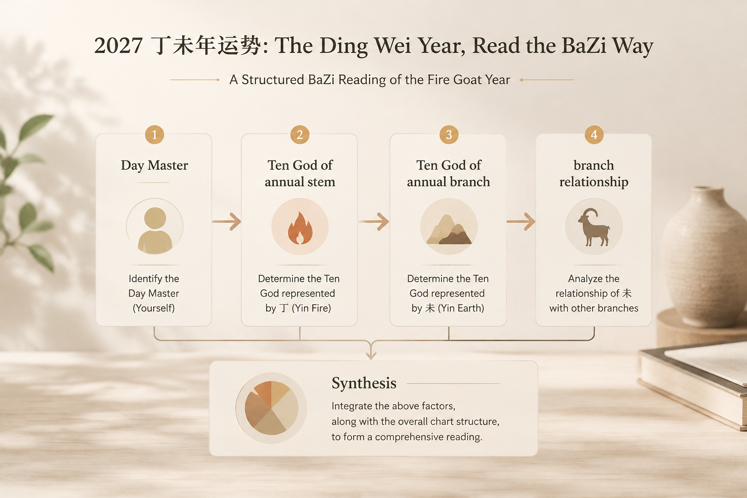 Minimal four-step flow chart: Day Master, Ten God of annual stem, Ten God of annual branch, branch relationship, then synthesis