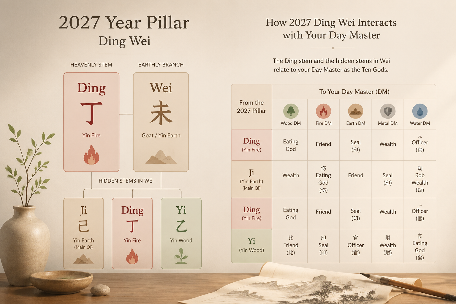 Diagram of the 2027 year pillar showing Heavenly Stem Ding (Yin Fire) and Earthly Branch Wei with its hidden stems Ji, Ding, Yi, and arrows pointing to generic Day Master labels for Ten God interactions.